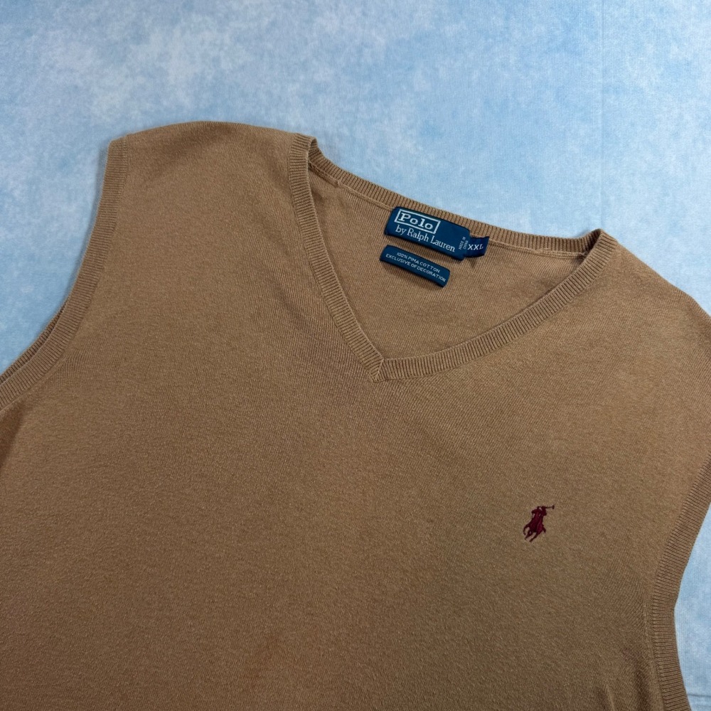 Polo Ralph Lauren Sweater Vest Mens XXL Tan Excellent Pima Cotton V-Neck Pony